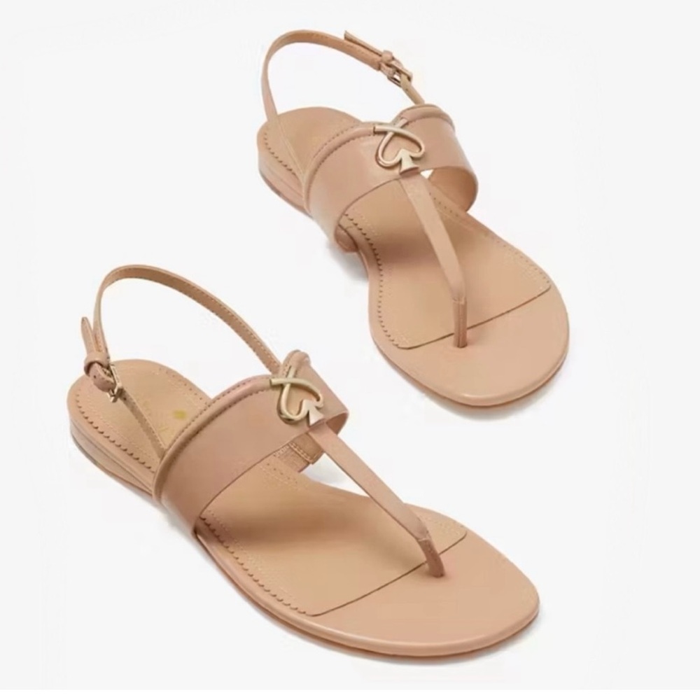 Kate Spade ♠️ New York Kendra T.Strap Thong Leather Sandals Light Fawn Tan